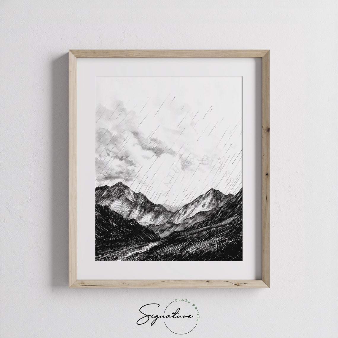 Dramatic Heavy Rain Over Rugged Mountain Range Pen Sketch Poster - Image 3