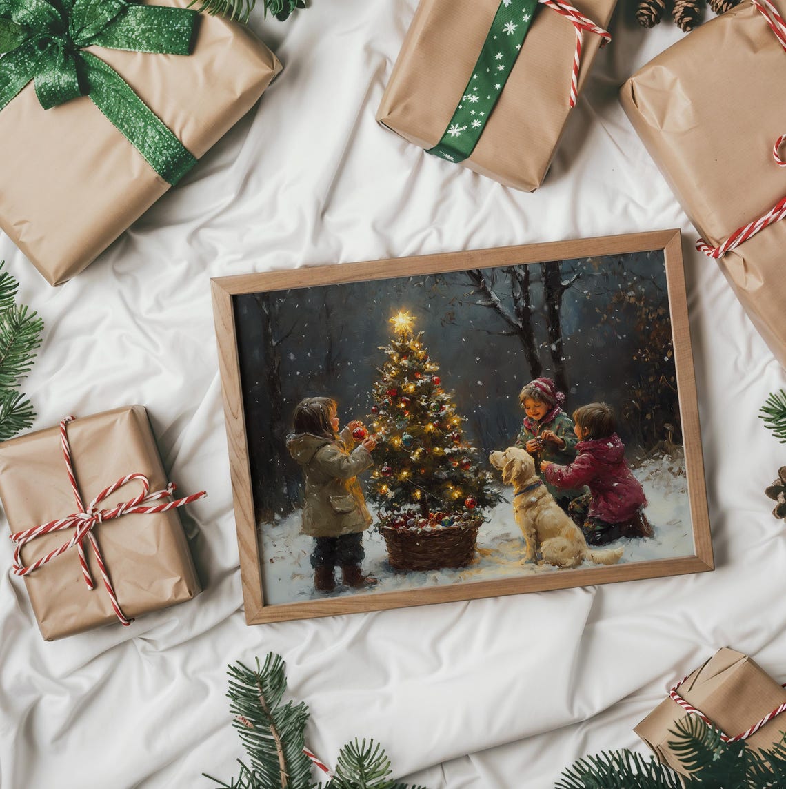 Three Children And A Dog Decorating A Lit Christmas Tree Poster - Image 2