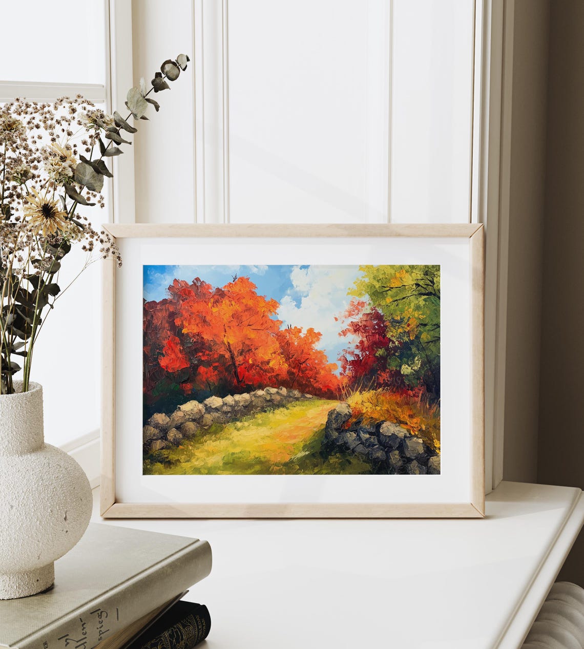 Sunlit Stone Wall Pathway Through Vibrant Autumn Trees Poster - Image 6