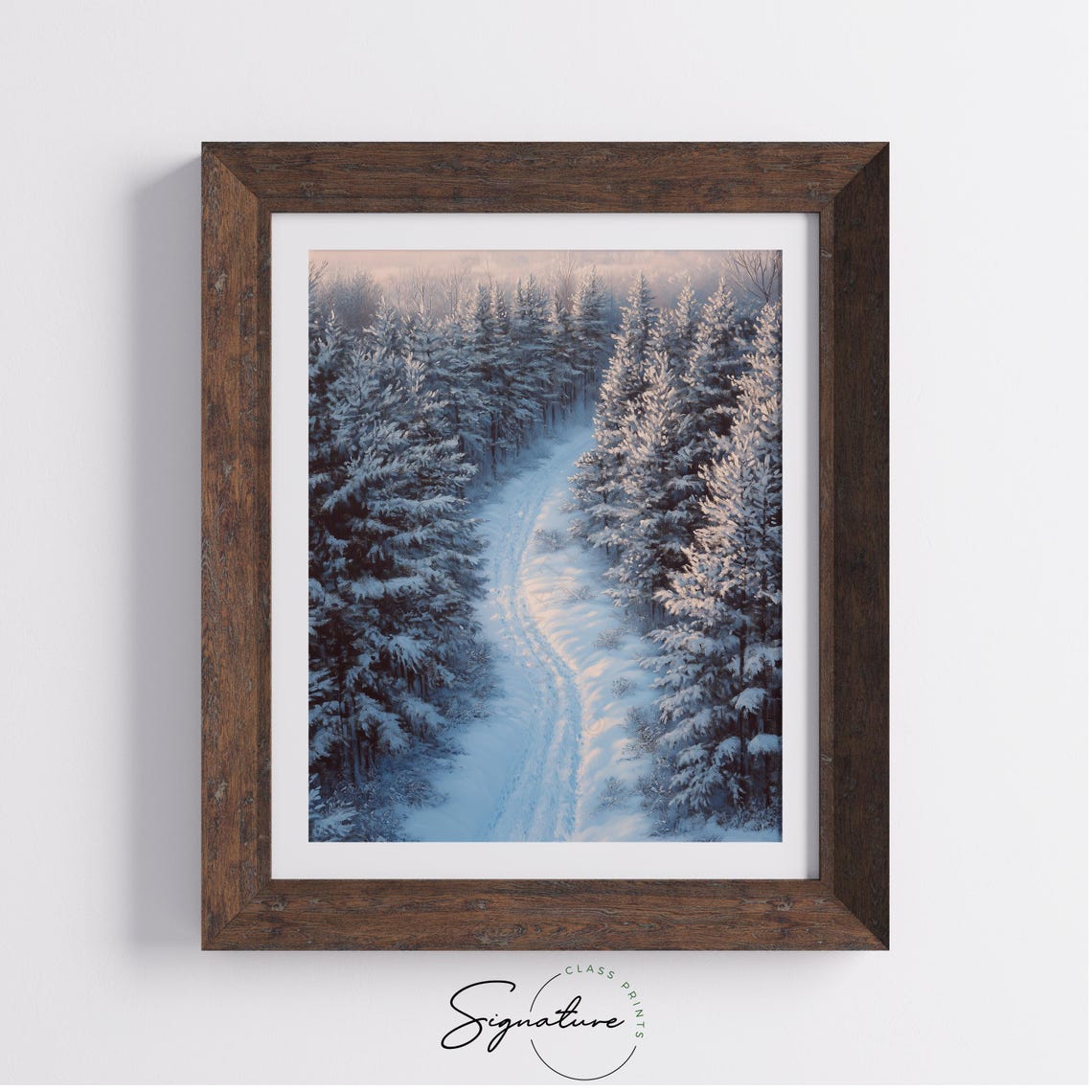 Snowy Forest Path Between Frosted Firs at Pink Winter Dawn Poster - Image 3