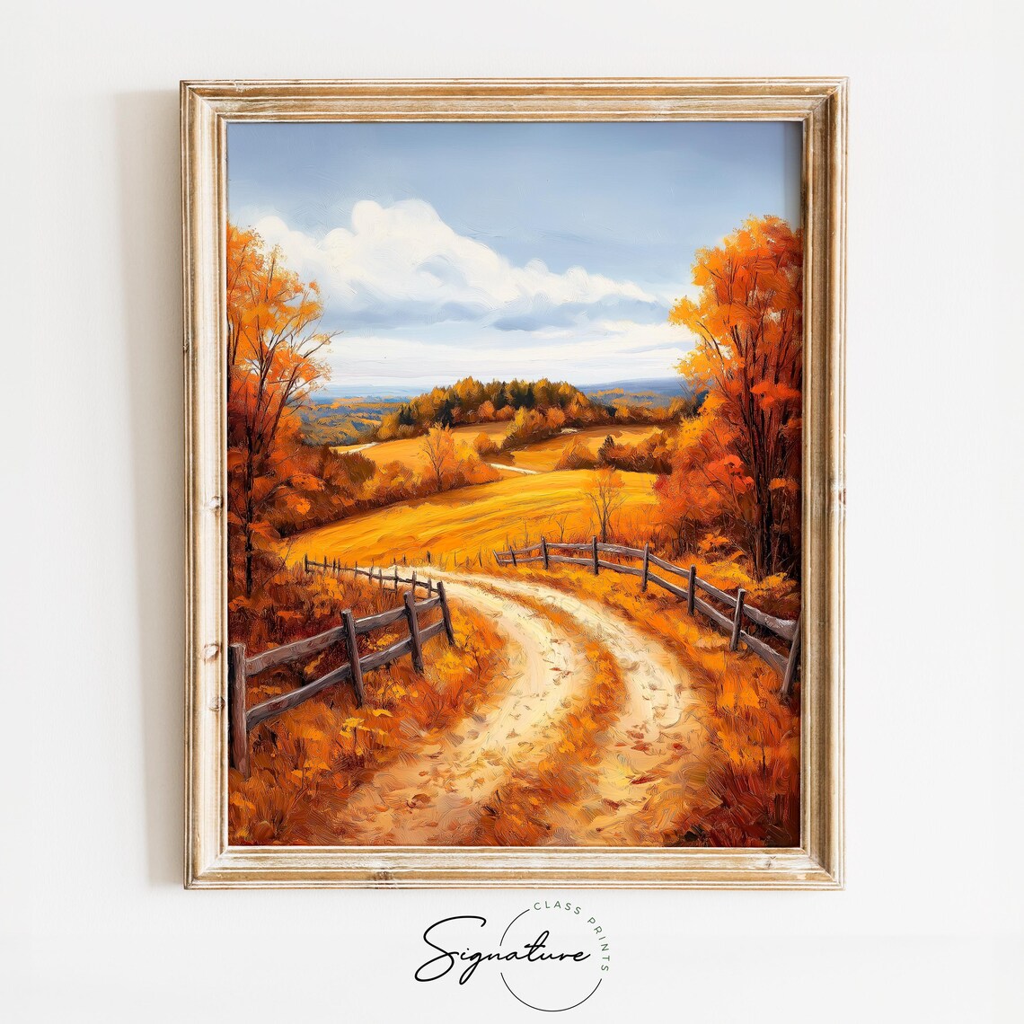 Split Rail Fence Dirt Road Autumn Valley Country Painting Print