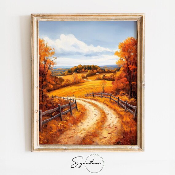 Split Rail Fence Dirt Road Autumn Valley Country Painting Print