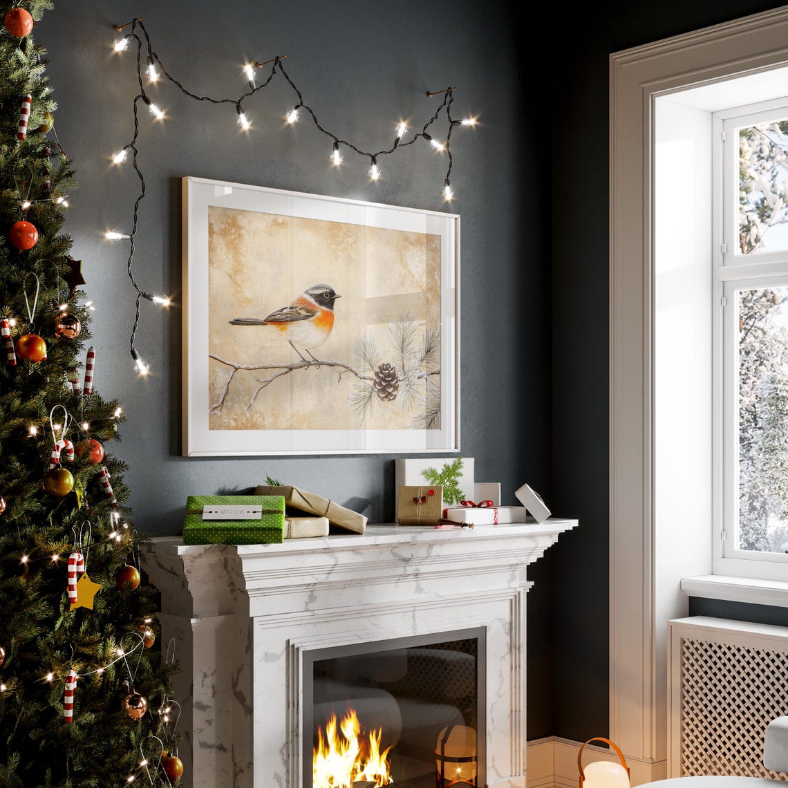 Common Redstart on Frosty Pine Branch Winter Bird Painting Poster - Image 2