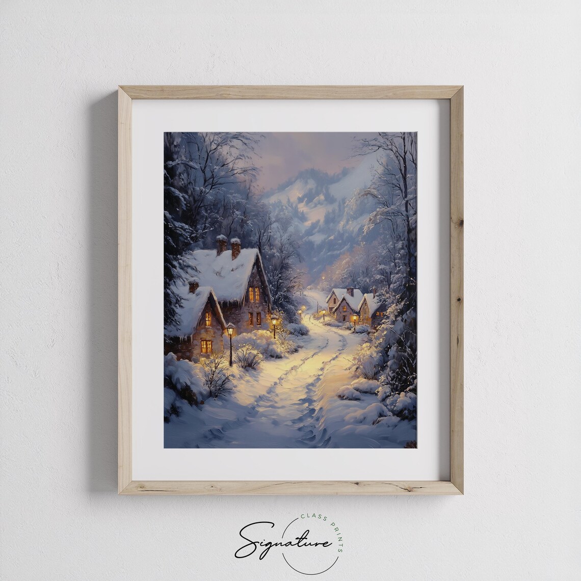 Snowy Mountain Village At Dusk With Glowing Windows Winter Wall Art - Image 2