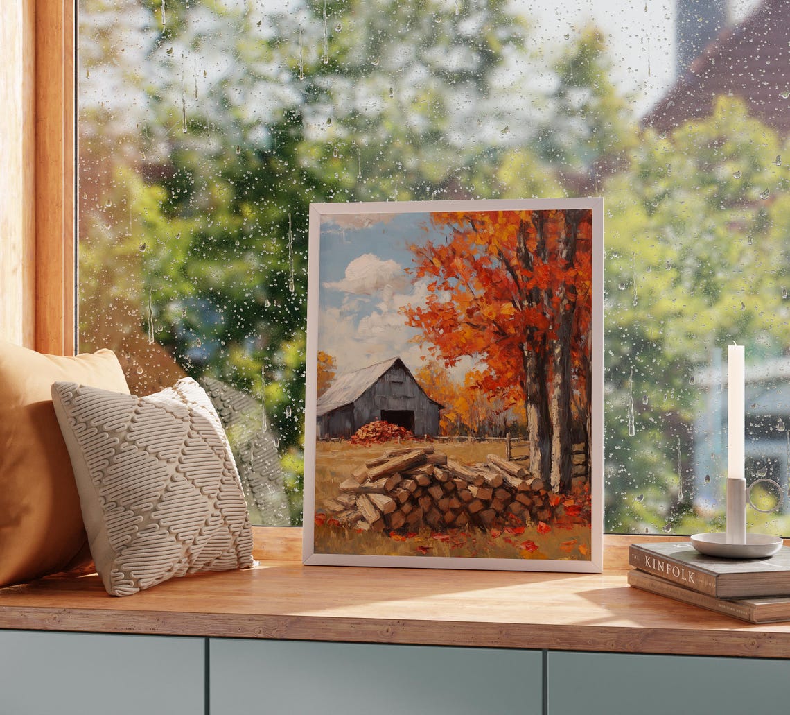 Weathered Gray Barn Firewood Pile Autumn Maple Trees Farm Poster - Image 2
