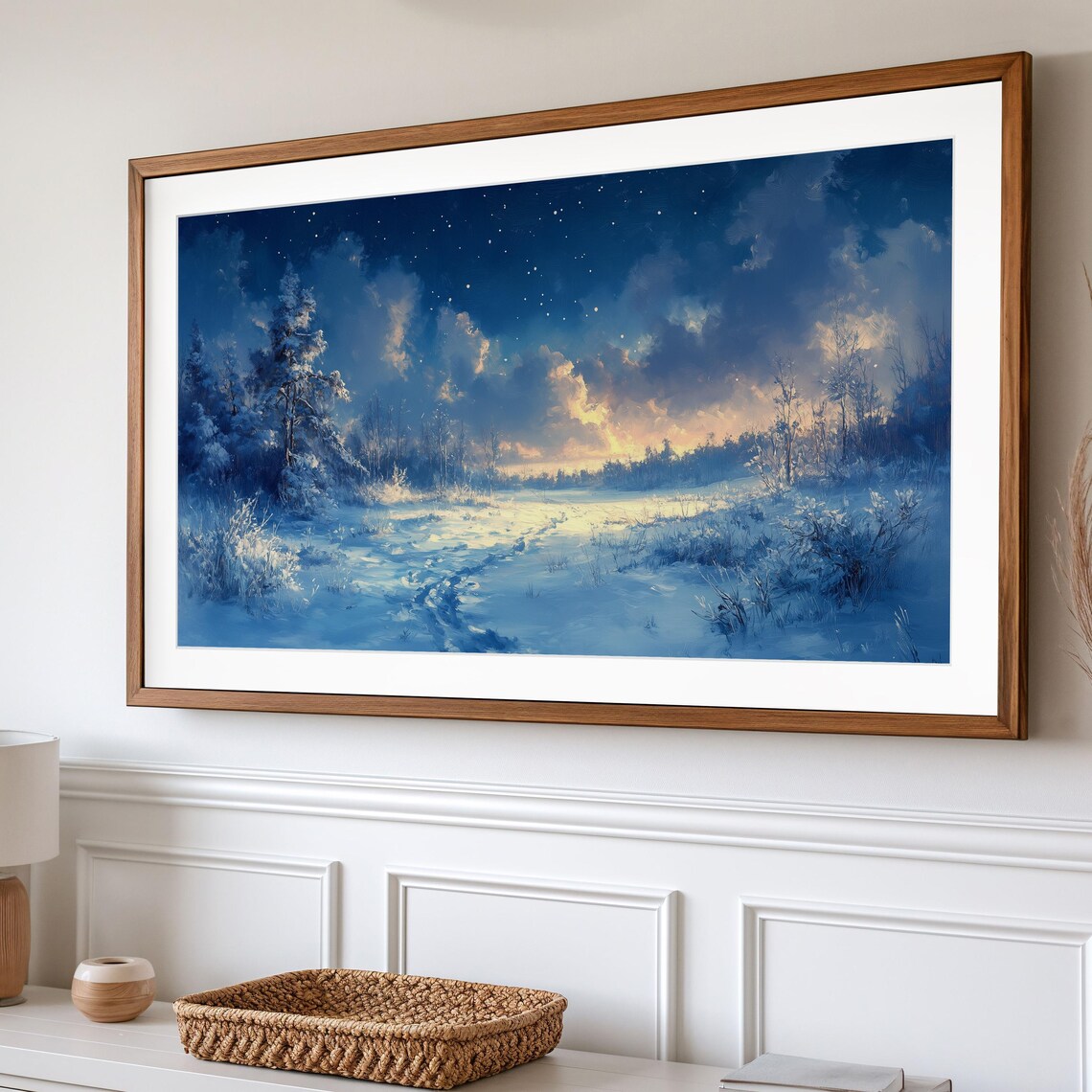 Starry Night Snowy Forest Path With Golden Horizon Glow Winter Art Poster - Image 2