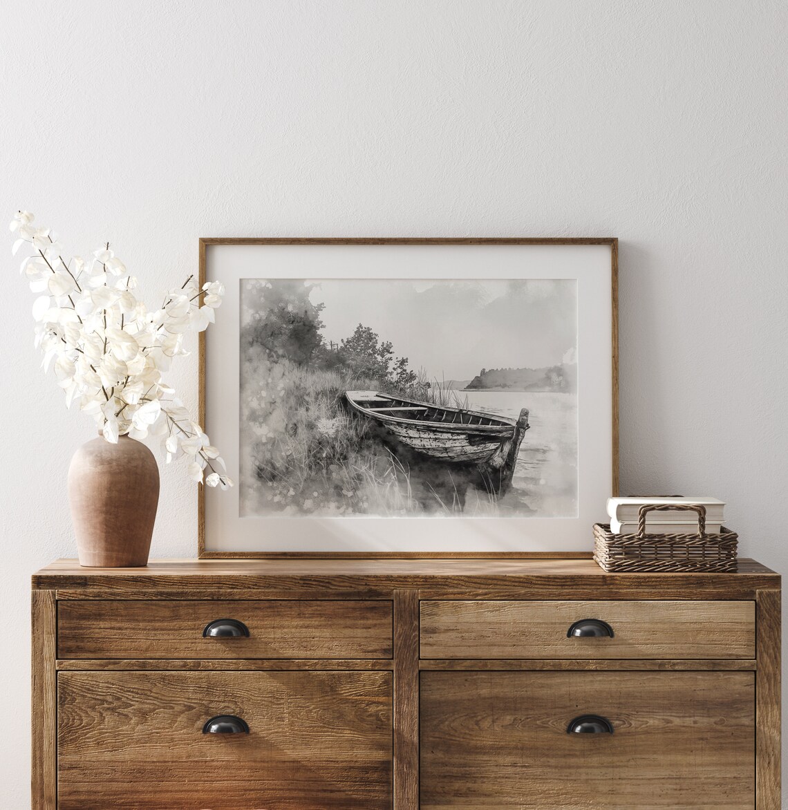 Abandoned Wooden Boat In Misty Reeds Riverbank Watercolor Art Poster - Image 3