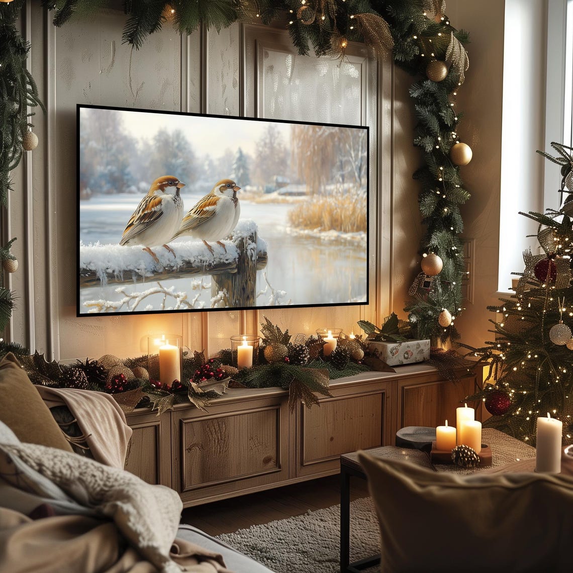 Two Sparrows on Snowy Fence Post by Frozen Lake Winter Bird Poster - Image 3