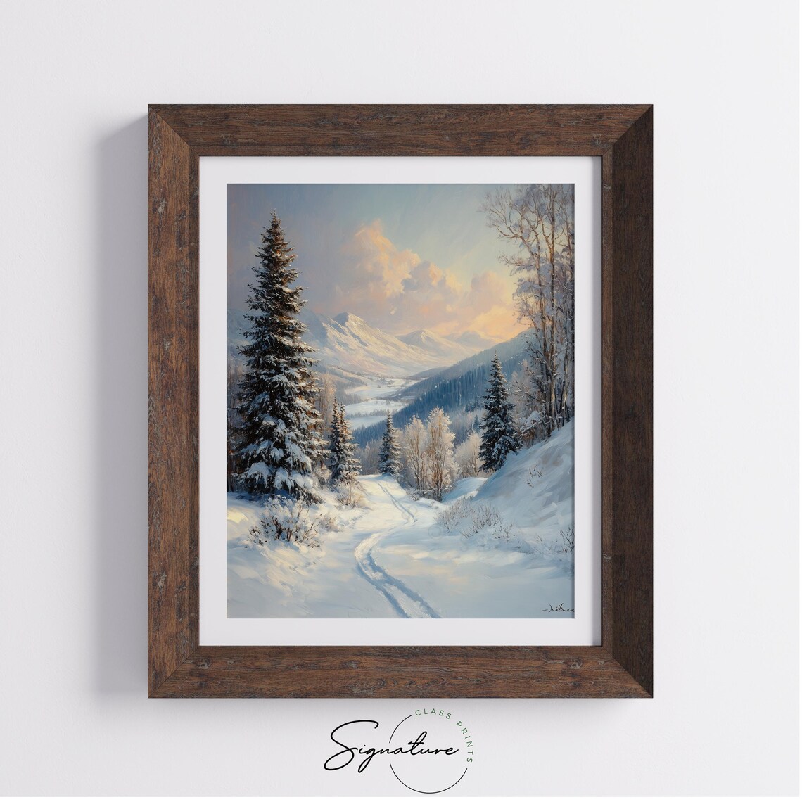 Serene Snowy Trail Through Winter Woods Sunrise Landscape Poster - Image 2