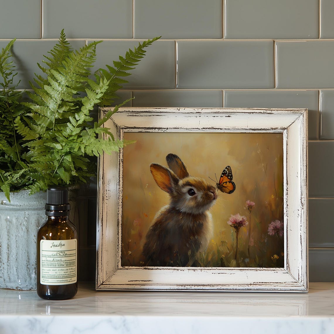 Bunny with Butterfly on Nose Golden Hour Spring Meadow Art Poster - Image 4