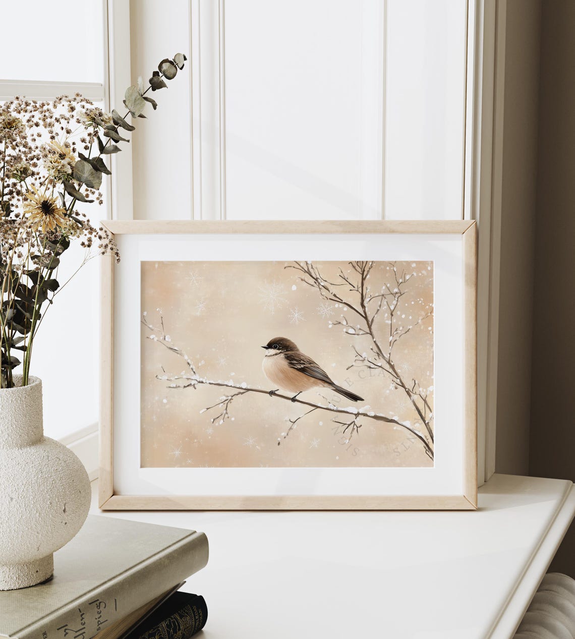 Chickadee on Snowy Branch Blush Pink Winter Bird Artwork Poster - Image 6
