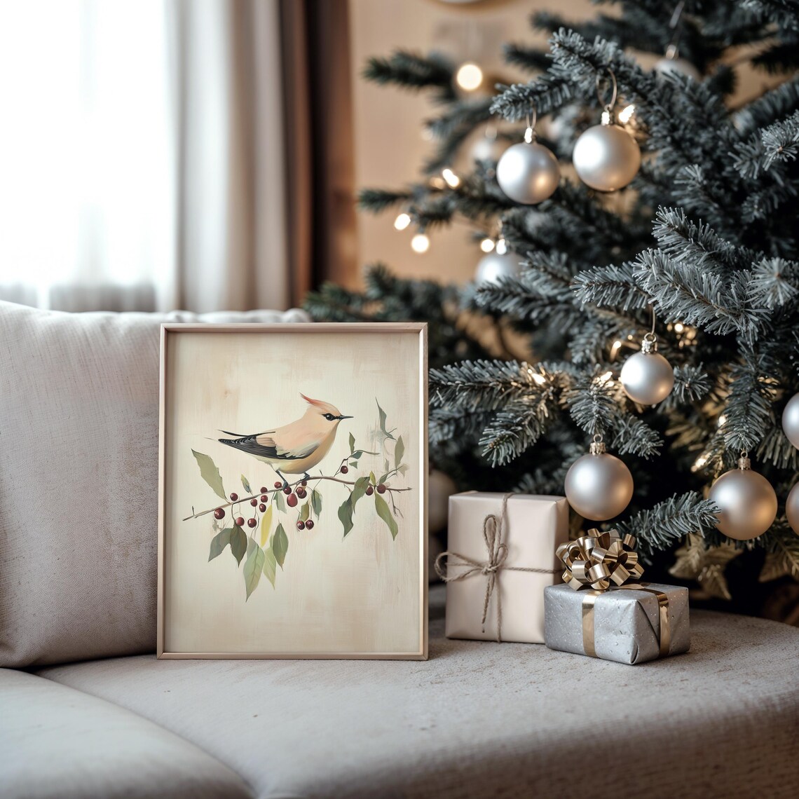 Waxwing Bird Berry Branch Cream Vintage Minimalist Bird Painting Poster - Image 5