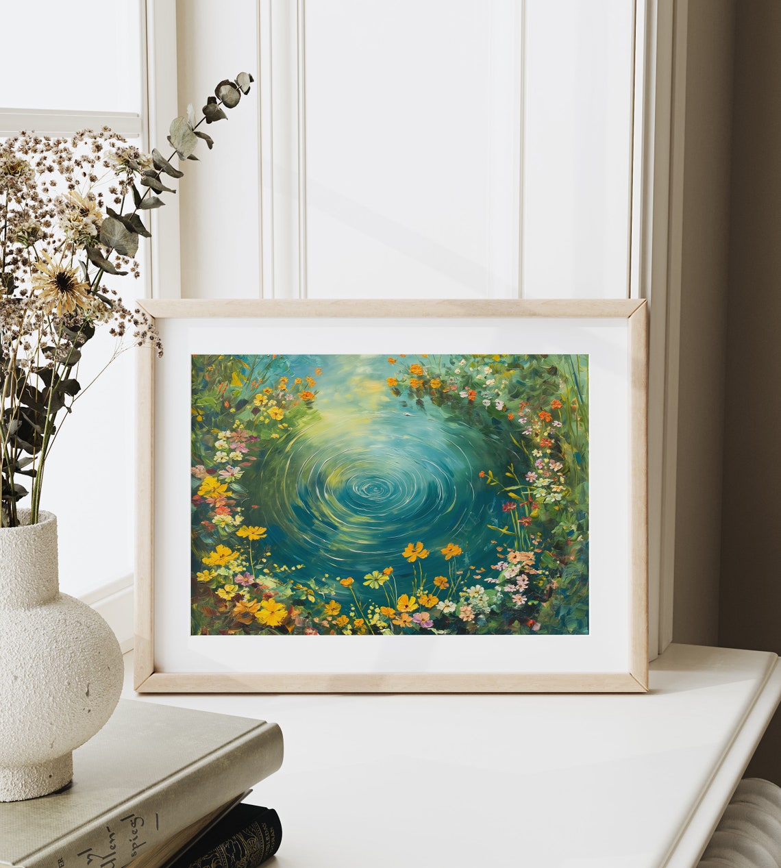 Emerald Swirl Pond With Golden Wildflowers Overhead View Poster - Image 6