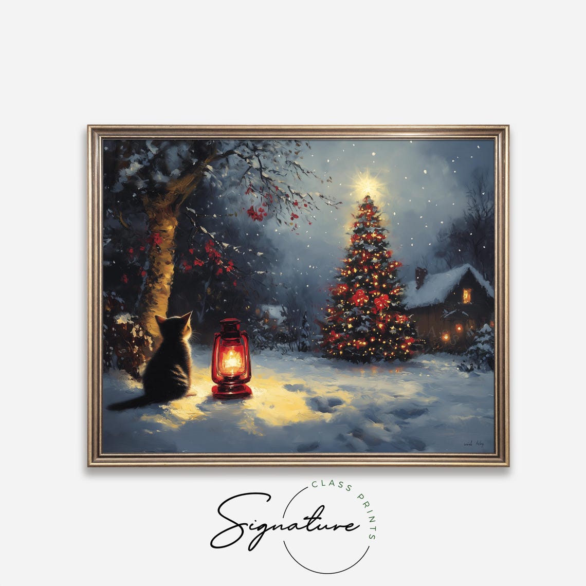 Kitten By A Glowing Lantern Gazing At A Christmas Tree At Night Poster - Image 4