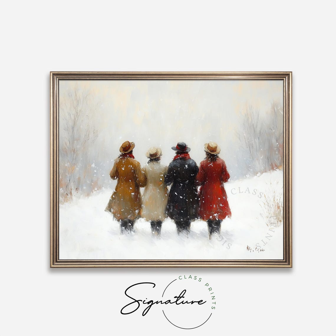 Four Friends Walking Through Snow in Impressionist Winter Art Poster - Image 4