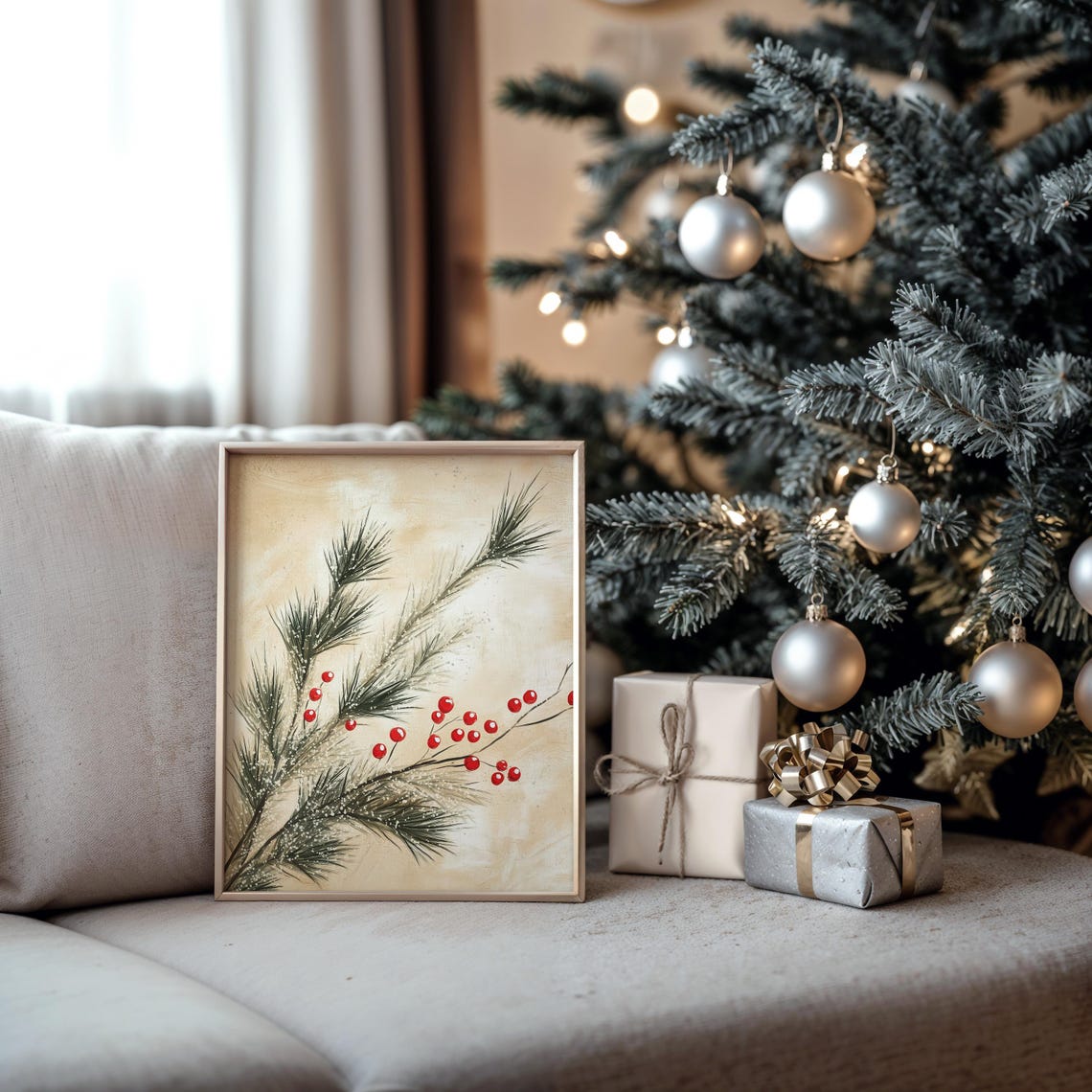Snowy Pine Branches with Red Berries Minimalist Winter Poster - Image 5