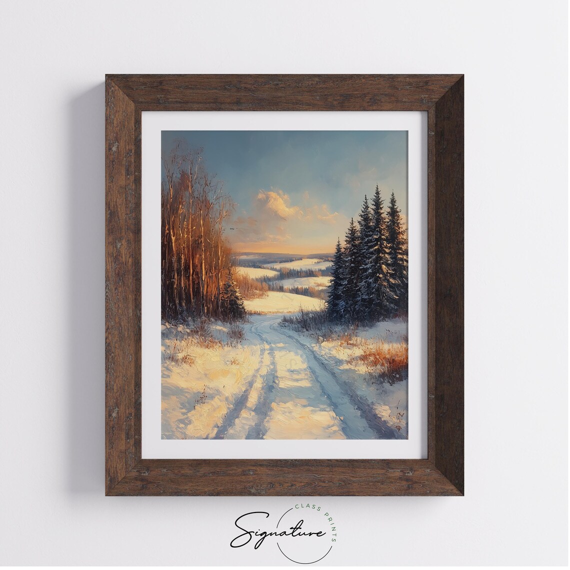 Golden Sunrise over Snowy Forest Road on Winter Morning Poster - Image 3