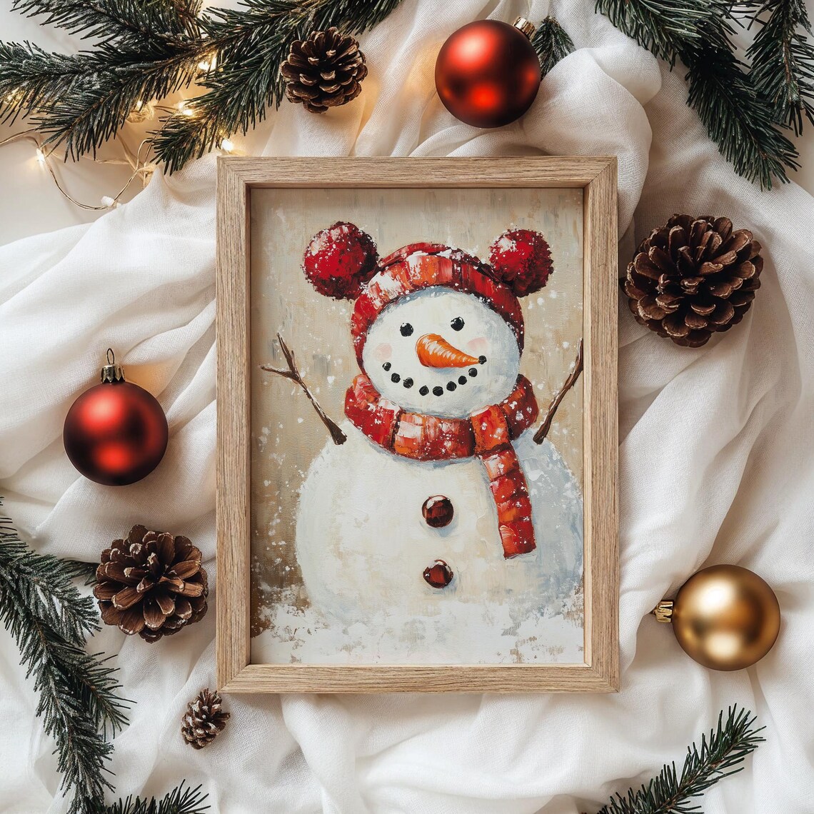 Cheerful Snowman With Red Pom Hat And Scarf Vintage Holiday Poster - Image 4