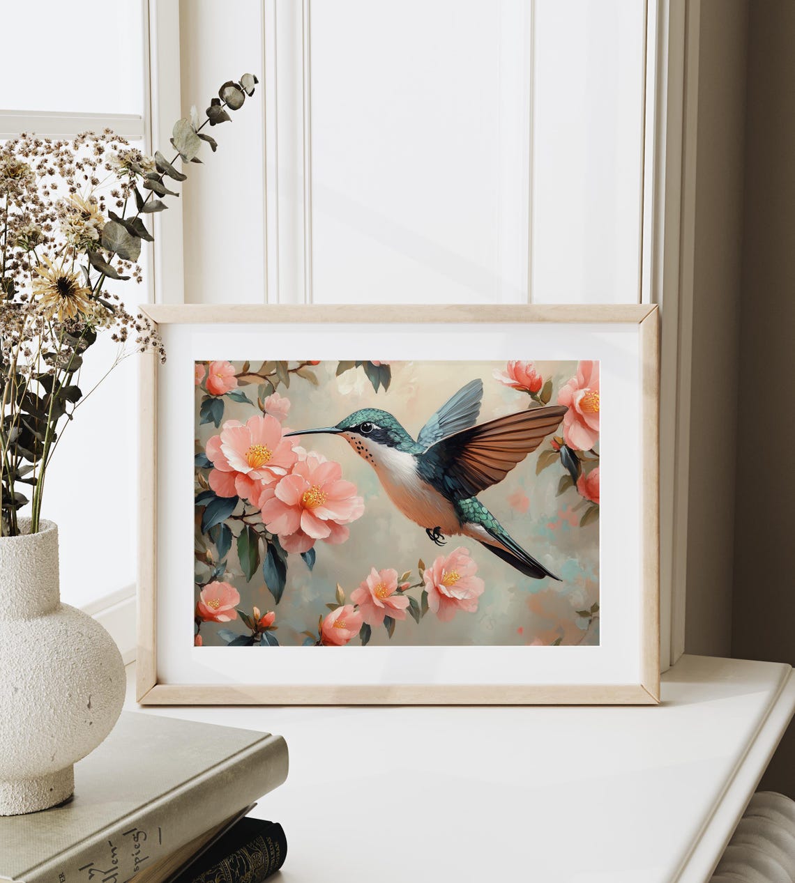 Hovering Hummingbird Among Pink Petals Cottagecore Spring Bird Poster - Image 6
