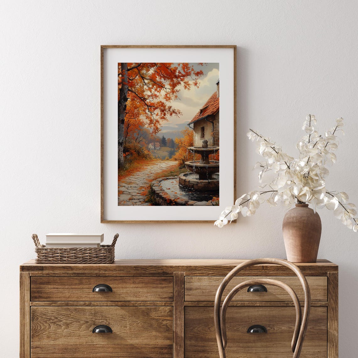 Stone Fountain Courtyard Beside Cottage In Blazing Autumn Trees Poster - Image 5