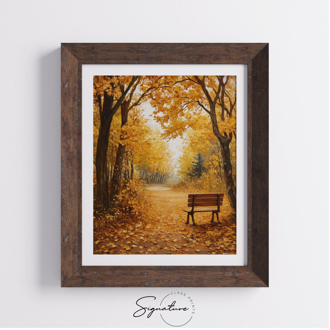 Solitary Wooden Bench Under Golden Trees Autumn Park Scene Art Poster - Image 4