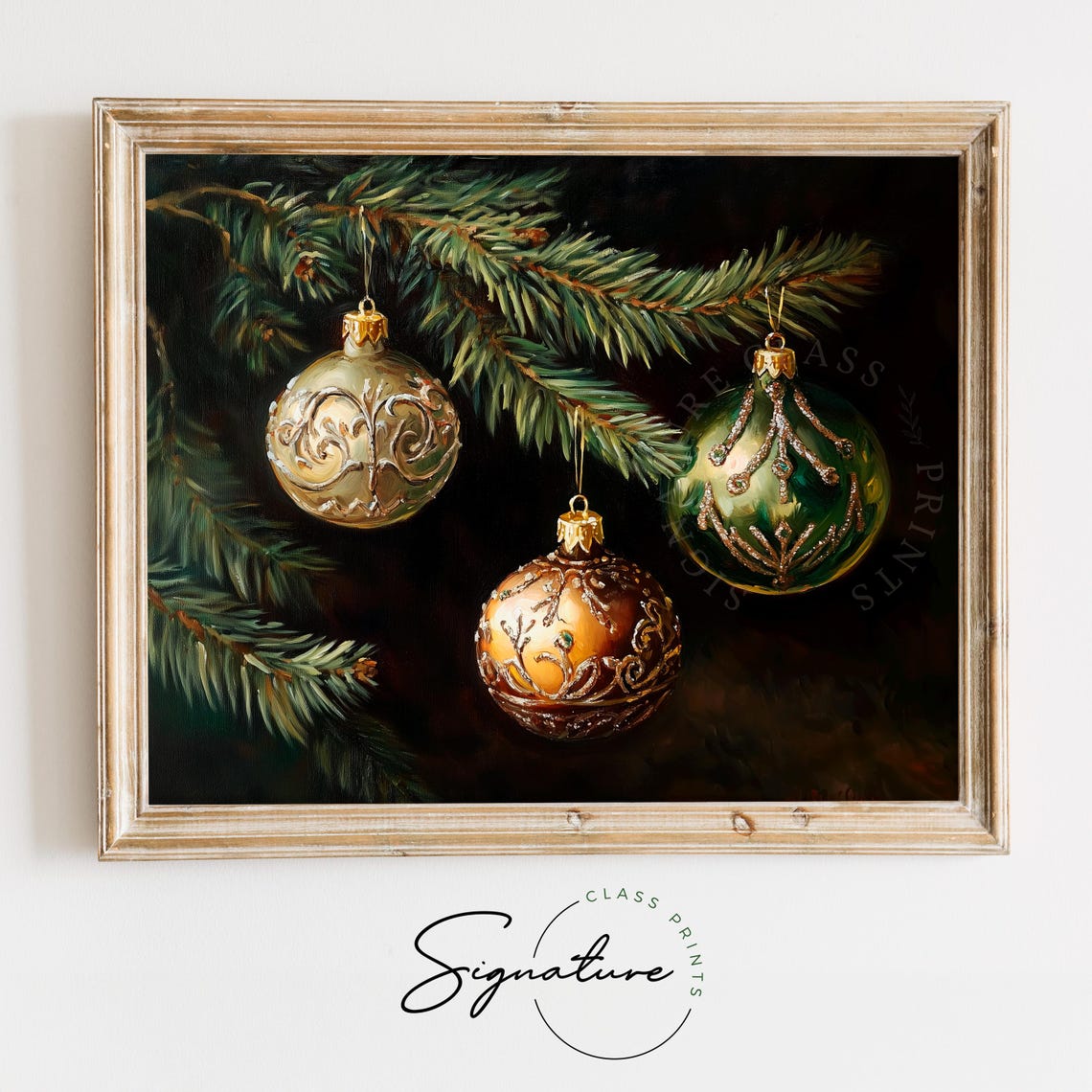 Three Gilded Vintage Ornaments Hanging On An Evergreen Branch Poster