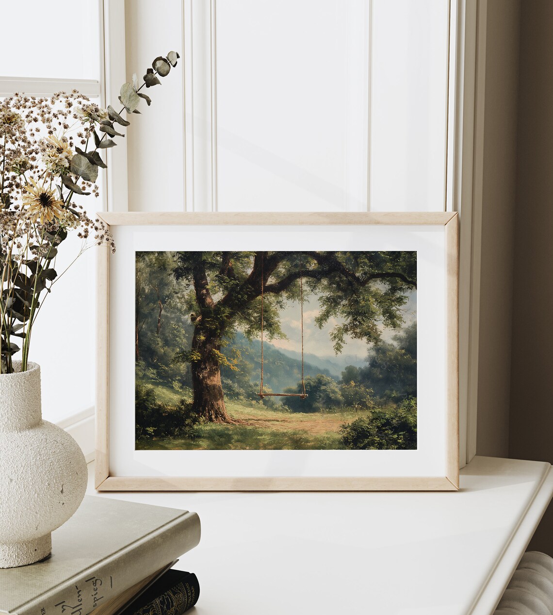 Wooden Tree Swing Overlooking Green Valley Vintage Landscape Oil Poster - Image 6