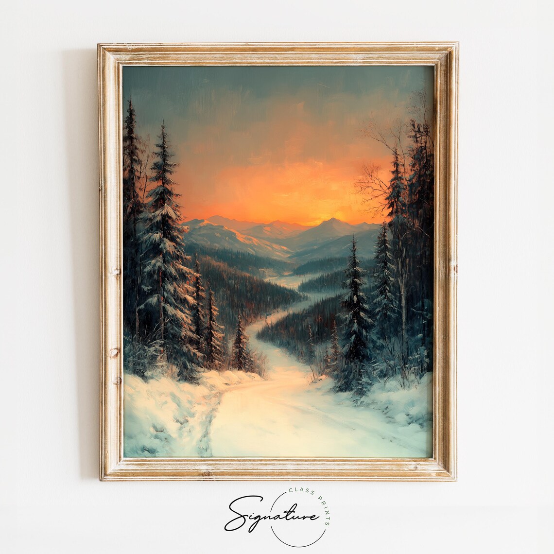 Snowy Mountain Forest Sunset Winter Landscape Oil Painting Print