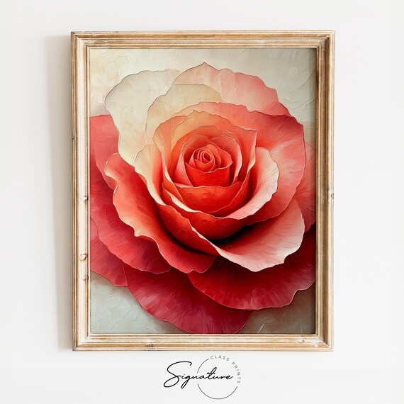 Romantic Rose Close Up Valentines Day Floral Wall Art Moody Botanical Painting Vintage Decor Cottagecore Print 3552