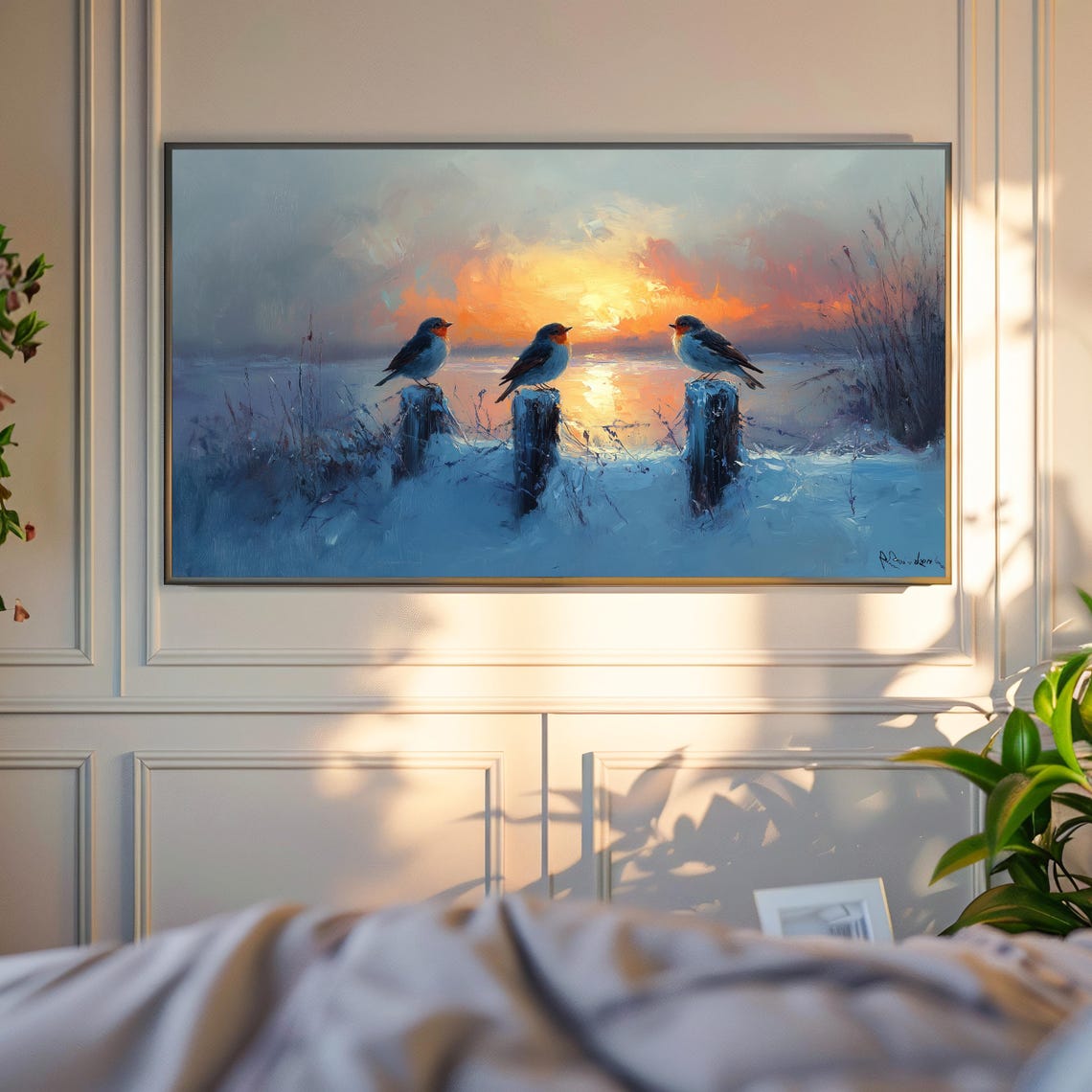 Three Robins on Fence Posts Winter Sunset Snowy Field Poster - Image 4