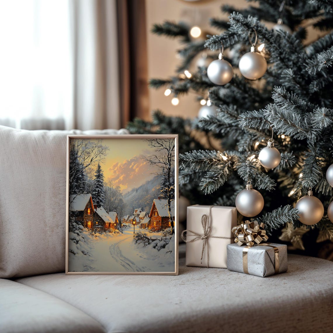Snowy Village Square At Sunset With Warm Cabin Lights Winter Poster - Image 5