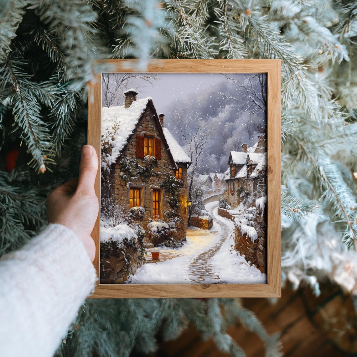 Ivy Covered Stone Cottage on Snowy Cobblestone Village Lane Poster - Image 6