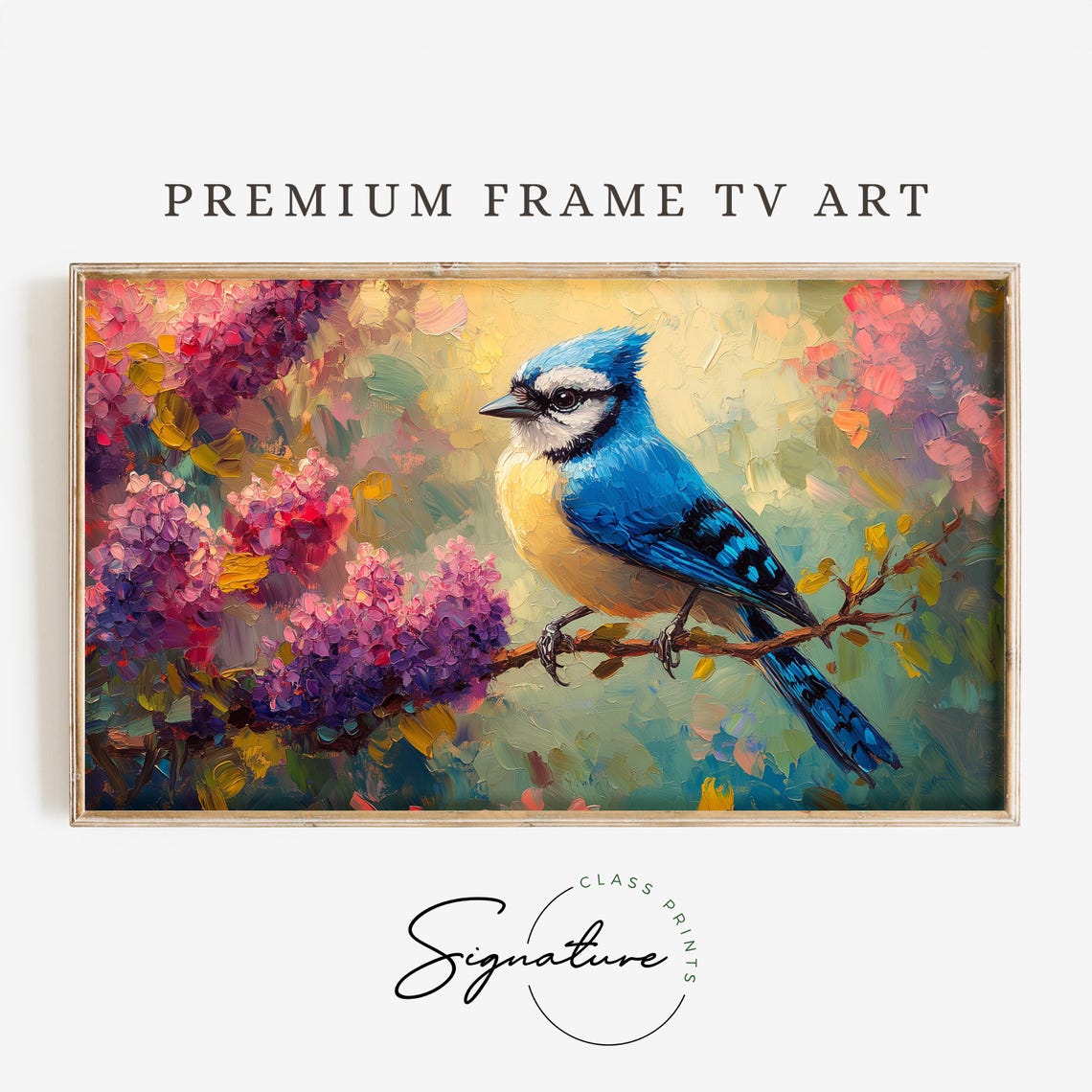Blue Jay On Blooming Lilac Branch Impasto Floral Bird Poster