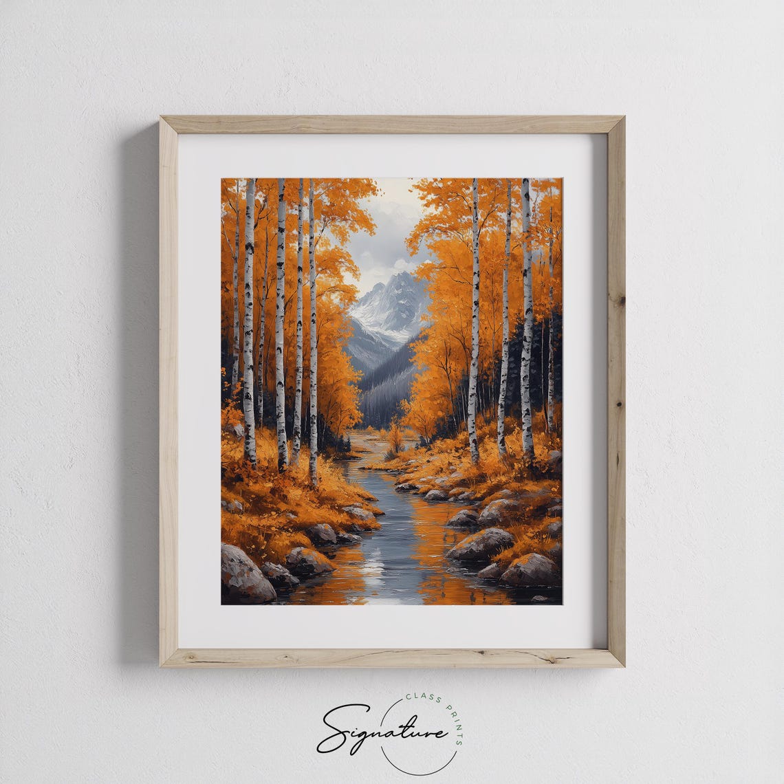 Autumn Birch Grove Stream Snowy Peaks Orange Reflections Poster - Image 3