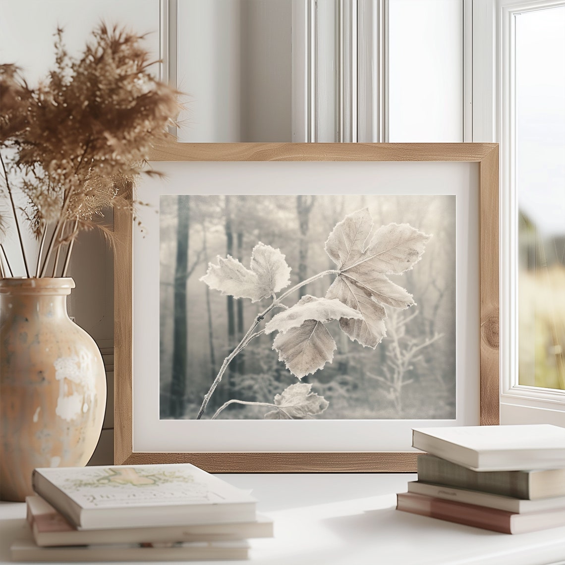 Frosted Leaves Branch in Misty Forest Neutral Winter Art Poster - Image 2