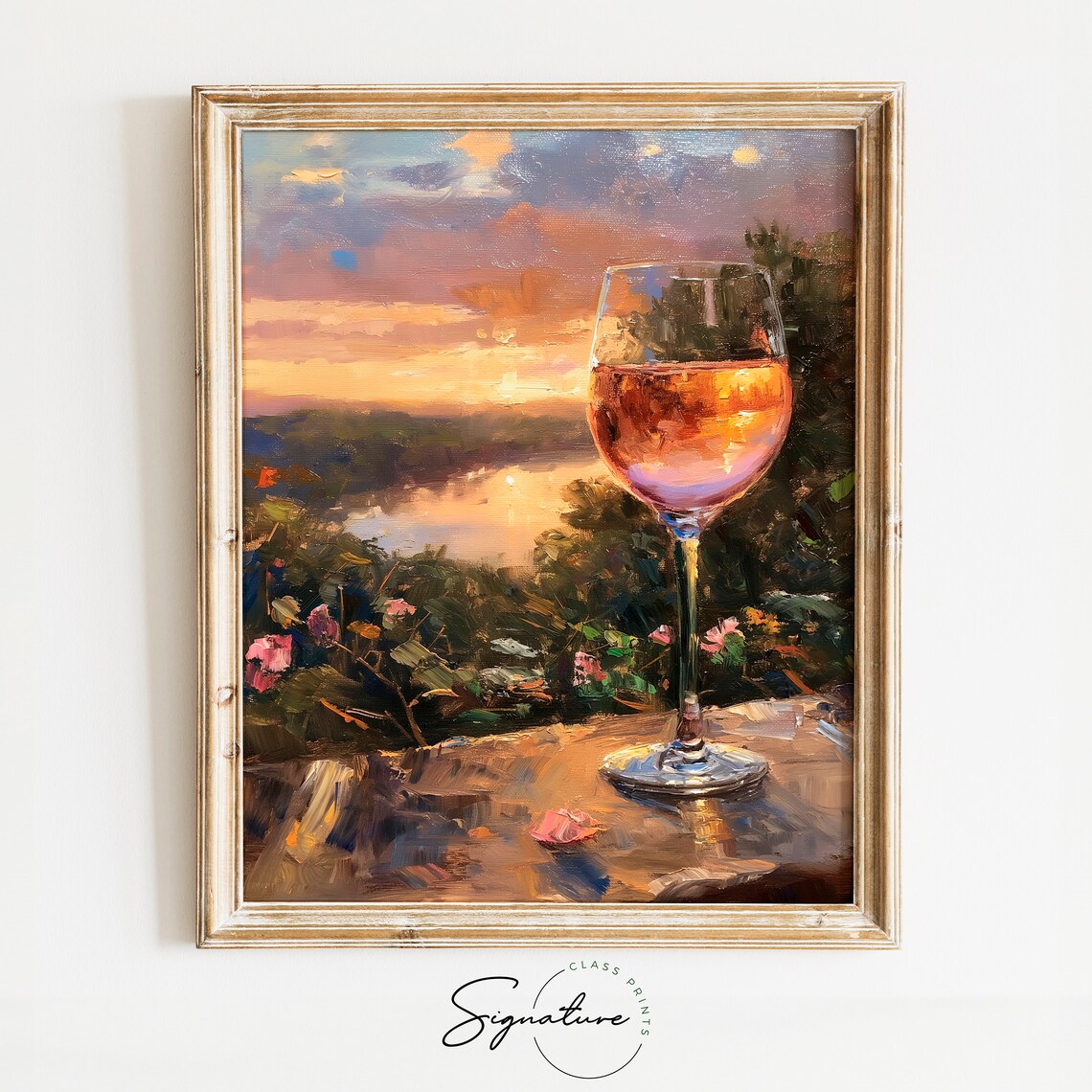 Rose Wine Sunset River View Roses Stone Ledge Romantic Evening Oil Poster