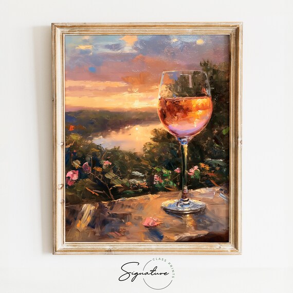 Rose Wine Sunset River View Roses Stone Ledge Romantic Evening Oil Poster