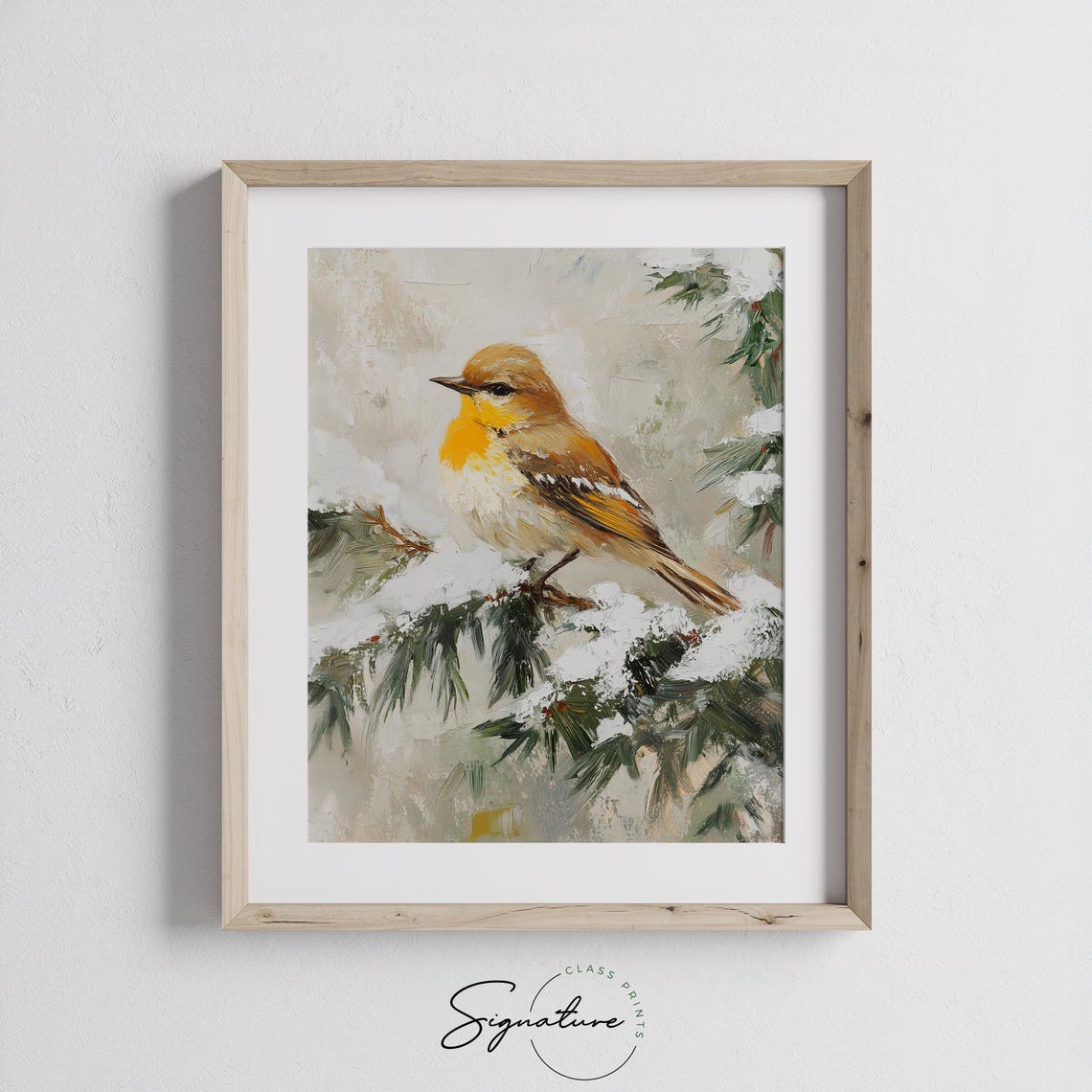 Golden Yellow Songbird on Snowy Pine Branch Winter Oil Style Poster - Image 3