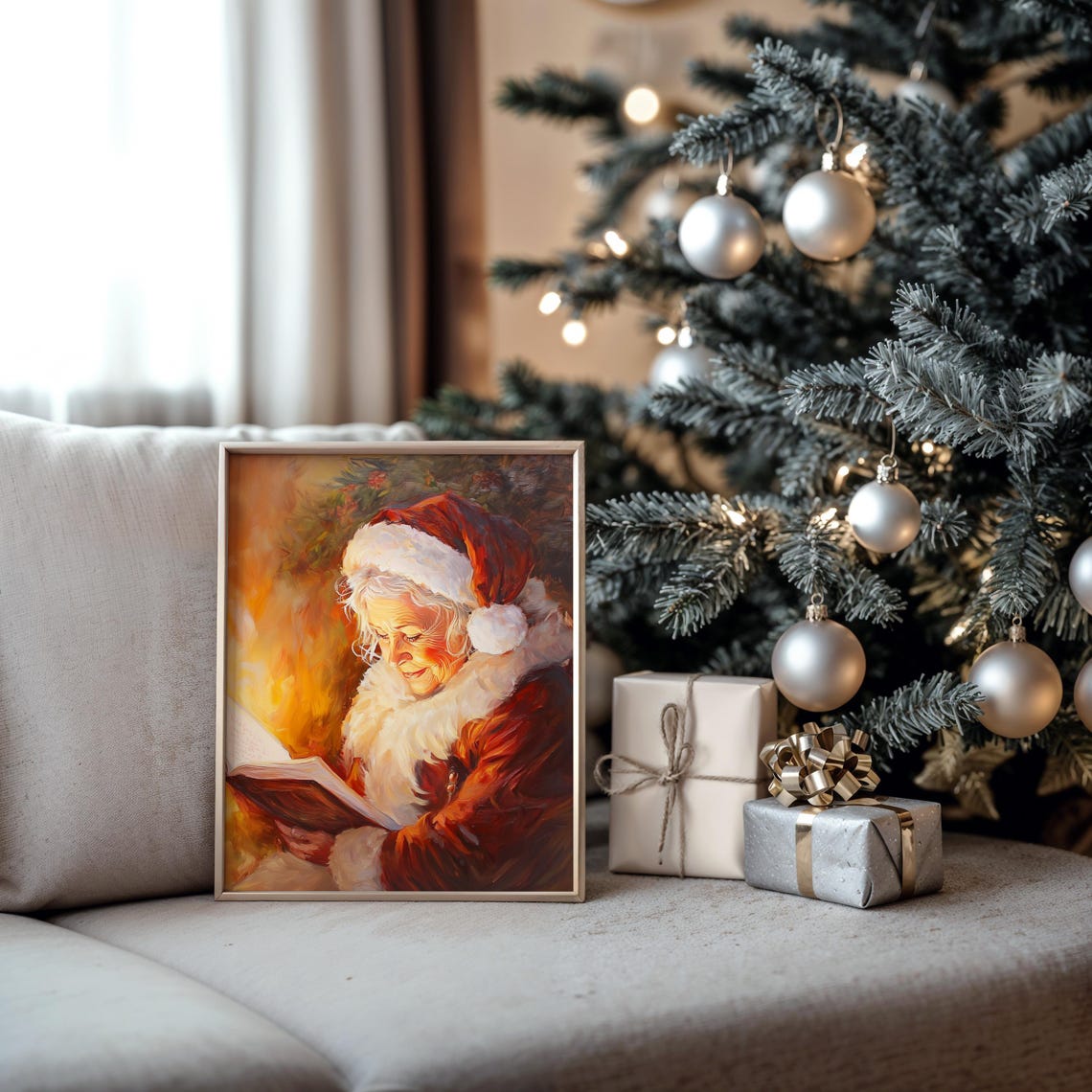 Mrs Claus Reading By The Fireplace Cozy Christmas Painting Poster - Image 6