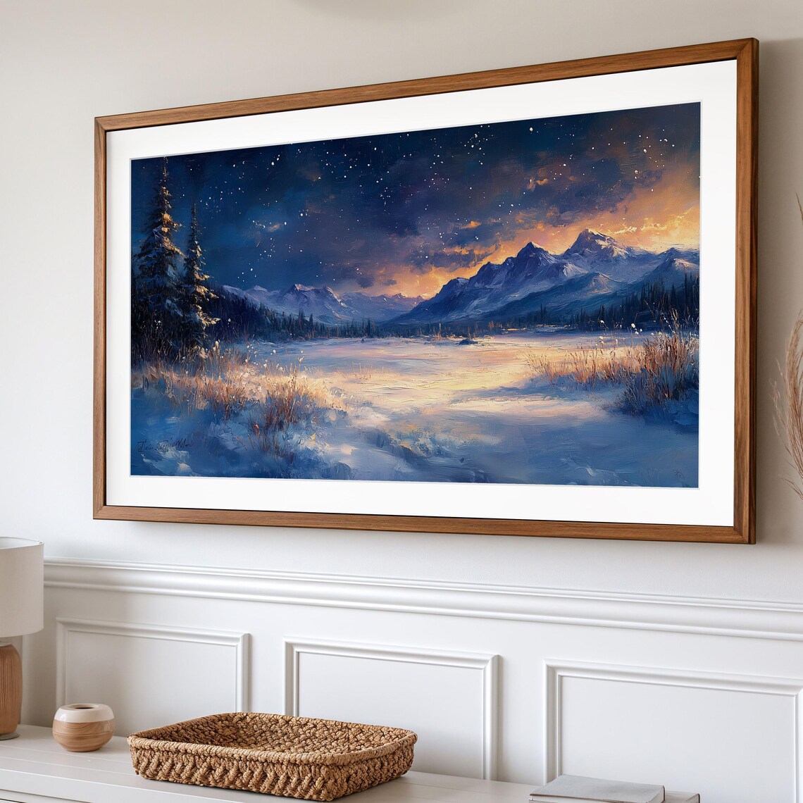 Starry Night Over Snowy Meadow With Glowing Mountain Horizon Art Poster - Image 2