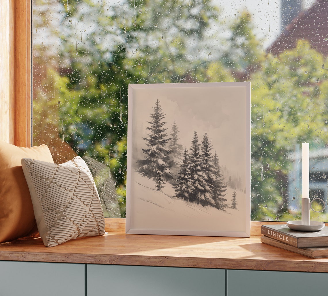 Calm Snowy Pines In Winter Forest Ink Wash Mountain Scene Poster - Image 2