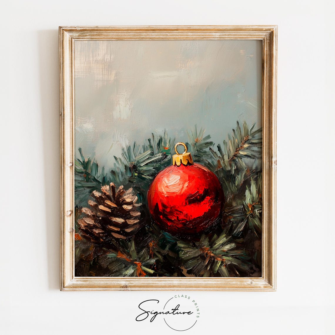 Red Christmas Ornament and Pinecone on Evergreen Branches Poster