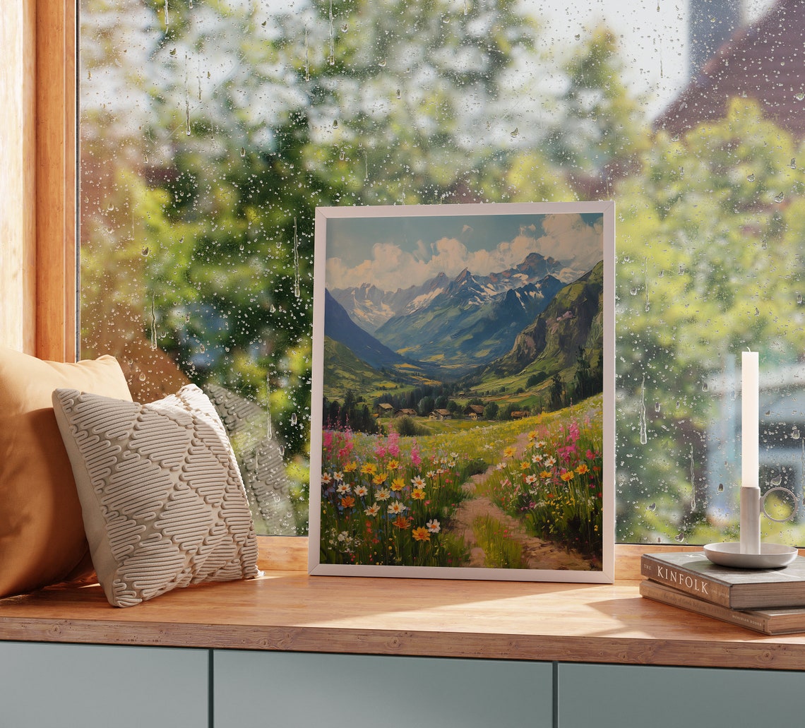 Spring Alpine Valley Flower Path Toward Cabins And Snowy Peaks Poster - Image 2