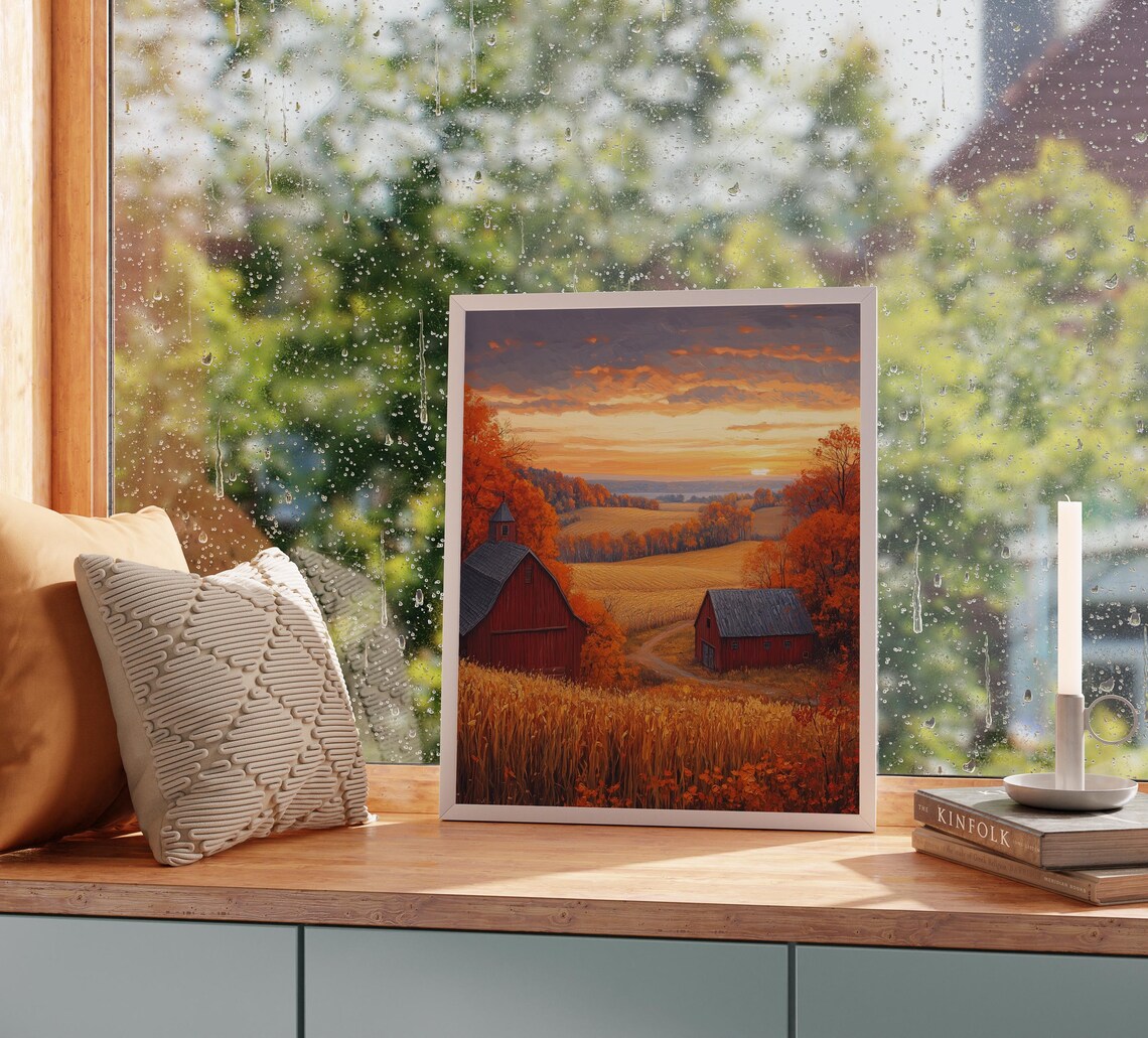 Two Red Barns in Golden Fields Under Blazing Autumn Sunset Sky Wall Art - Image 2