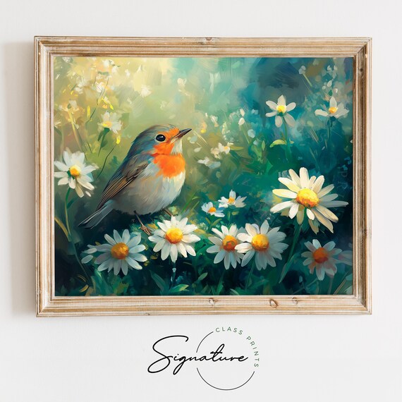 Robin Resting Among White Daisies In Lush Green Meadow Wall Art