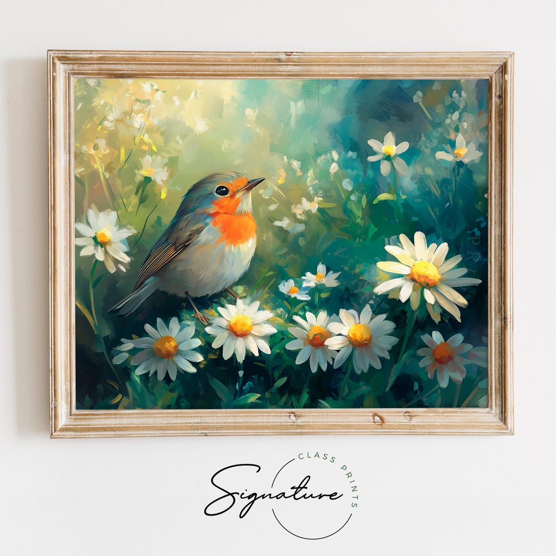 Robin Resting Among White Daisies In Lush Green Meadow Wall Art