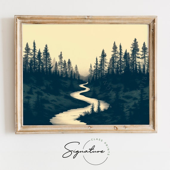 Winding River Flowing Through Dense Forests Sketch Serene Woodland Scene Peaceful Nature Art Rustic Wall Decor 927
