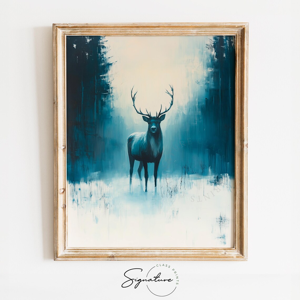 Majestic Stag in Misty Blue Forest Winter Wildlife Oil Painting Print
