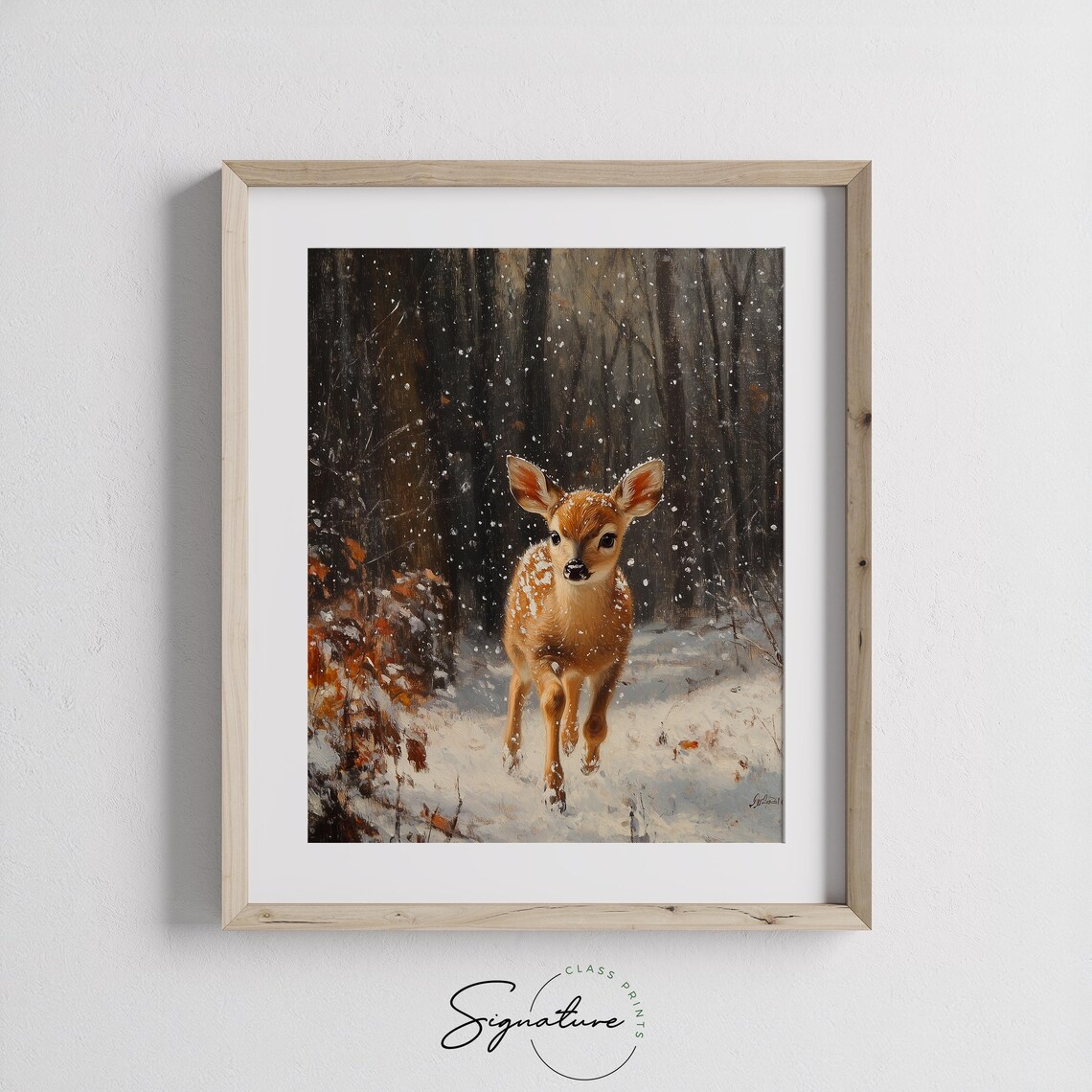 Fawn Walking in Falling Snow Winter Forest Oil Painting Print - Image 2