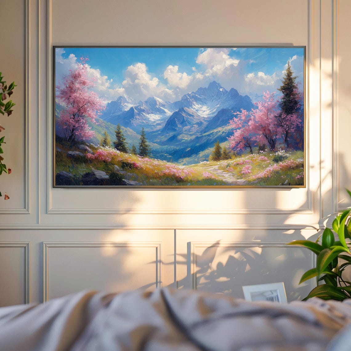 Mountain Valley Pink Blossom Trees Spring Snow Peaks Scenic Wall Art - Image 6